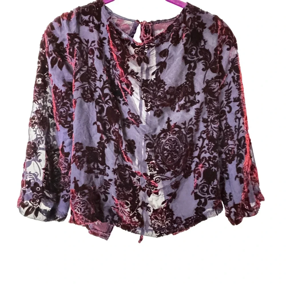 Velvet Burnout Floral Pants Set Purple Burgundy Sheer‎ Bohemian Blouse Top